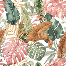 Beautiful Autotraced Vector Seamless Pattern With Hand Drawn Watercolor Colorful Tropical Palm Leaves. Stock Illustration. Wallpapper Textile Fabric Design.