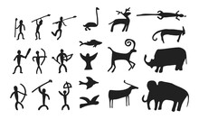 Cave Painting Prehistoric Rock Art Hand Drawn Sketch Style Vector Illustration Set. Rock Age Cave Paintings Set With Prehistoric Wild Animals, Tribal People And Village Buildings.