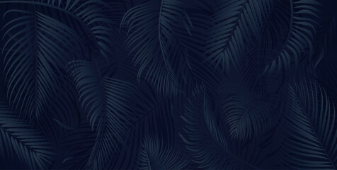 Blue palm tree leaves on dark background. Tropical palm leaves, floral pattern vector illustration.