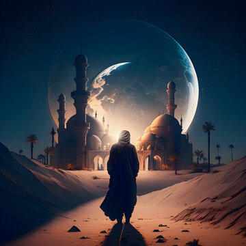 a man walking towards a large moon in a desert with a large mosque in the background.
