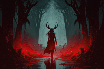 Wall Mural - witch girl devil in a red dress in forest. Generative AI illustration