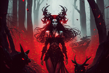 Wall Mural - sexy witch devil girl with horns in a red dress in forest. Generative AI illustration