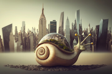 City on a snail. AI generation