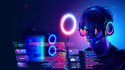 Wall Mural - programmer or coder programming on computer text of code of program. portrait man working over lapto