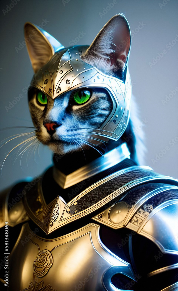 fantasy knight with armor and head in the shape of a cat, generative ai ...