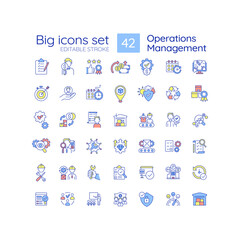 Sticker - Operation management RGB color icons set. Business process administration. Maintenance and improvement. Isolated vector illustrations. Simple filled line drawings collection. Editable stroke