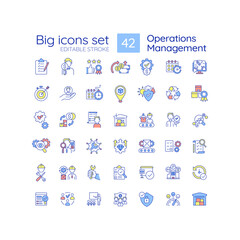 Poster - Operation management RGB color icons set. Business process administration. Maintenance and improvement. Isolated vector illustrations. Simple filled line drawings collection. Editable stroke