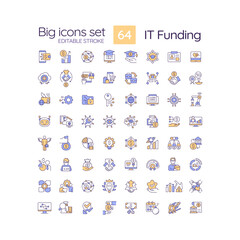 Sticker - IT funding RGB color icons set. Investment in software development. Financial resources of tech development. Isolated vector illustrations. Simple filled line drawings collection. Editable stroke