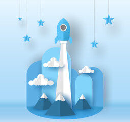 Wall Mural - origami rocket launch over the mountain - clouds and go to the stars on light blue background in vector paper cut concept.