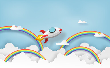 Wall Mural - red spaceship or rocket launch into the sky over cloud and rainbow on blue background. Vector paper art concept design.