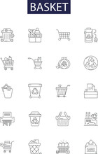 Basket Line Vector Icons And Signs. Wicker, Straw, Handled, Market, Fruit, Shopping, Store, Wire Outline Vector Illustration Set