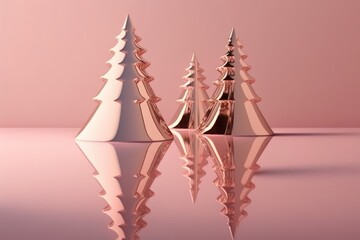 Canvas Print - Mirrored Christmas tree against a light pink background. Concept for a simple New Year's decoration. Generative AI