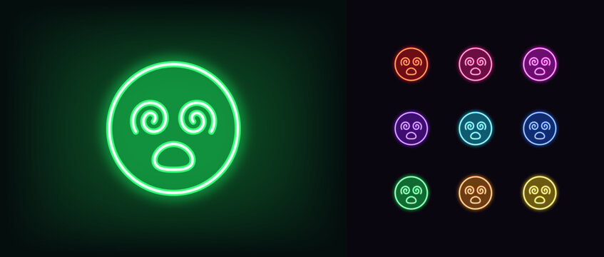 Outline neon hypnotized emoji icon set. Glowing neon dizzy emoticon with spiral eyes and open mouth, confused zombie face pictogram. Madness emoji, raving emoticon, psychedelic face.