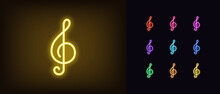 Outline Neon Treble Clef Icon Set. Glowing Neon Music Note Glyph, Violin Key Pictogram. Treble Clef Note, Classical Music And Melody, Symphony, Musical Concert And Performance.