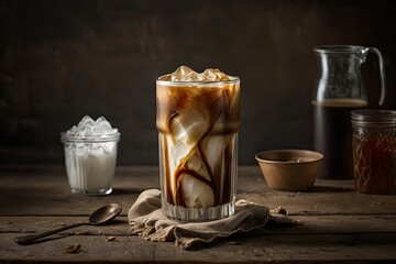 Canvas Print - Cold brew coffee served over ice in a glass with milk. Generative AI