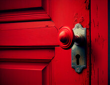 Old Red Door With Handle And Lock