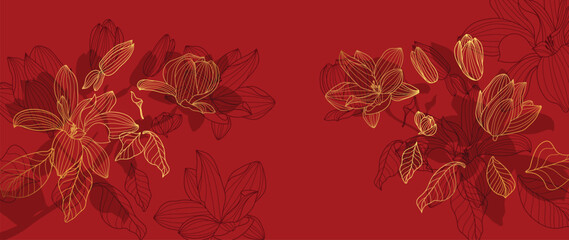 Wall Mural - Luxury oriental flower background vector. Elegant magnolia flowers and leaves golden line art pattern texture on red background. Design illustration for decoration, wallpaper, poster, banner, card.