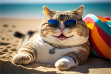 Happy Smiling Cat Is Lying On The Warm Sand In Sunglasses On The Sea Beach, Summer Vacation On The Seashore. Created With Ai