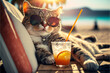 The cat is lying on a deck chair in sunglasses with a cocktail, summer vacation on the sea beach, created with ai

