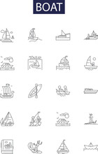 Boat Line Vector Icons And Signs. Craft, Vessel, Dinghy, Canoe, Kayak, Schooner, Raft, Sailboat Outline Vector Illustration Set