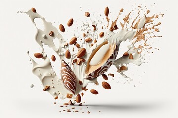 On a white background, milk and crushed dried almonds are splashed throughout. Generative AI