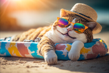 Happy smiling cat in sunglasses and Hawaiian hat relaxing on the sea beach, summer vacation on the seashore. created with ai