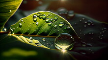 Drops Of Clean Transparent Water On Leaves. Spring Summer Natural Background  With Generative AI.
