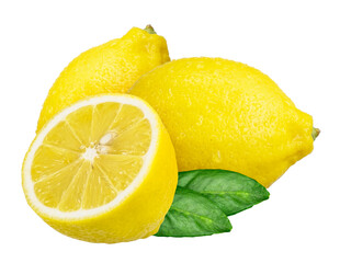 Sticker - yellow lemon and half with water drop isolated on transparent background, PNG image