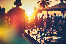 Dj Mixing Outdoor At Beach Party Festival With Crowd Of People In Background - Summer Nightlife