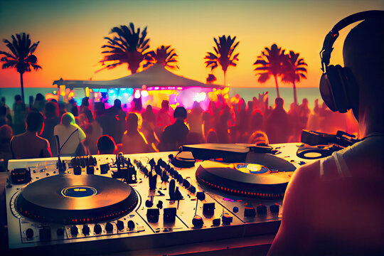 dj mixing outdoor at beach party festival with crowd of people in background - summer nightlife