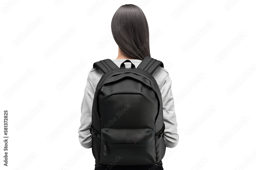 Black blank backpack on young woman's back, view from behind, cut out. Based on Generative AI
