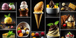 Assorted ice creams and chocolate desserts showcased on a dark backdrop for a tempting menu visual.