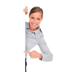 Canvas Print - Step-by-step success. Studio shot of an attractive young businesswoman pointing at copyspace.