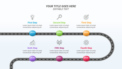 Road Timeline Infographic Presentation Template on a 16:9 Ratio with a Business Icon and Six Options or Steps for Business Presentations, Company Milestone, Finance Reports, and Web Design.