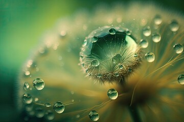 Sticker - macro abstract photography Water Drops with a Dandelion. Green and artistic landscape background. Flowers in soft colors. Artistic Closeup Photographs that are Calm. A wallpaper design. Fantasy Floral