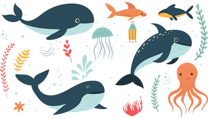 Sticker - sea animals character, cartoon in flat style vector