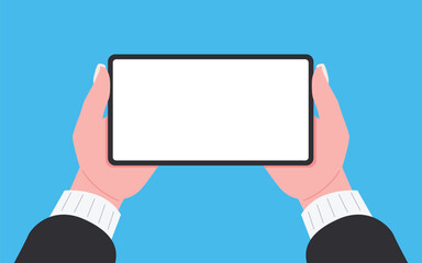 Woman holds the phone horizontally with an empty screen on blue background. Vector.