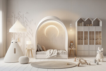 Modern interior of childrens room with white furniture. Super photo realistic background. Generative AI illustration