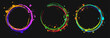 © OA_Creation - Set of design elements, circular frames. Circle with copy spase, paint brush strokes, spattered paint of neon bright colors. Virtual surreal templates for logo, advertisment.