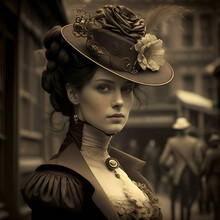 Portrait Of Elegant Victorian Young Woman In Sephia.  Generative AI