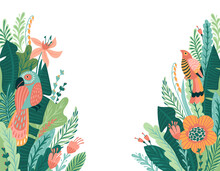 Abstract Tropical Illustration. Isolated Border For Shop Window, Posters, Covers, Cards, Interior Decor And Other