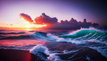 Waves Ocean Sunset By The Shore Nice Scenery Coastal Digital Wallpapers Generative Ai For Social Media, Wall Painting, Instagram Posts,