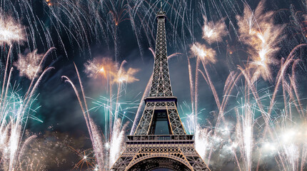 Wall Mural - Celebratory colorful fireworks over the Eiffel Tower in Paris, France