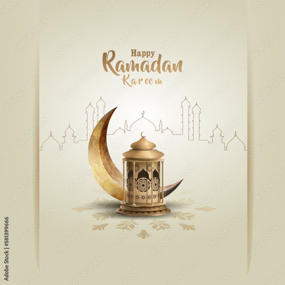 islamic greeting ramadan kareem card design with crescent and lantern ...