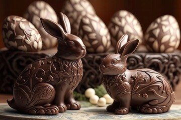 On a marble background, there are chocolate bunnies and easter eggs. Generative AI