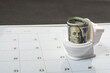 Concept of throwing money down the toilet. Small toy white toilet closet with cash dollars on calendar background
