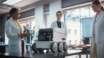 Fototapete - Diverse Team of Industrial Specialists Working on Remotely Controlled Robot, Using a Laptop. Young Male and Female Engineers Discussing an Autonomous AI Delivery Assistant Prototype, Brainstorming