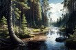 Landscape with river in taiga forest, AI generative