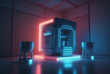 Futuristic Neon Light Chamber, Scene Stand Pedestal Stage, Virtual Reality Simulation And Metaverse, Abstract Backgound Video Game Of Esports, Cyberpunk, And Illustration. Generative AI