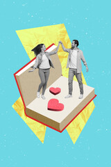 Sticker - Vertical collage picture of two mini black white gamma people hold hands dancing big opened book heart symbol isolated on creative background